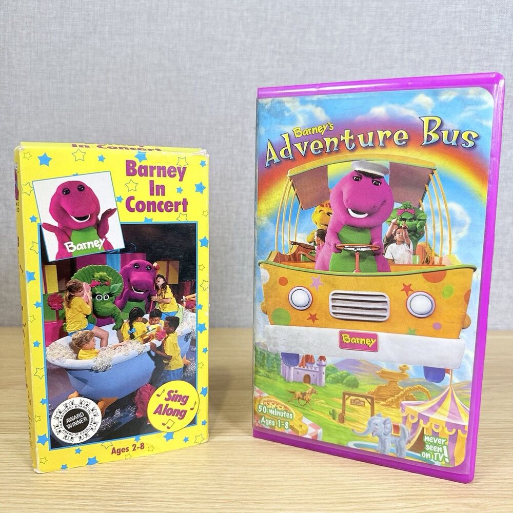 Lot of 2 Barney VHS Tapes Barney In Concert 1990 Adventure Bus Tested Working